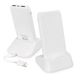 A white wireless charging station with two phone stands and a USB cable. It has a logo on the back.