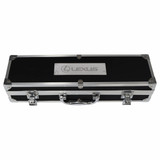 A sleek black deluxe case with silver detailing and a logo on the front, designed for a BBQ set.