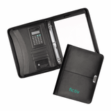 A black leather zippered compendium features a calculator, card slots, and a notepad holder. It has a branding logo.