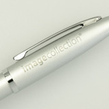 A silver metal pen with a sleek design and a clip, featuring a branding logo.