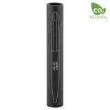 A metal pen in black, displayed in a matching black cylindrical case. The pen features a logo.