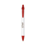 A white pen with a red grip and tip, featuring a logo and sleek design.