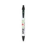 A pen featuring a white barrel with green and black accents. It has a logo on the side and a black tip.
