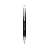 A metal pen featuring a black body and silver accents, complete with a branding logo.