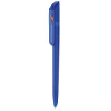 A blue plastic pen with a clip, featuring a logo on the upper section.