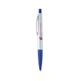 A silver and blue plastic pen featuring a clip and a logo. Ideal for writing or promotional use.