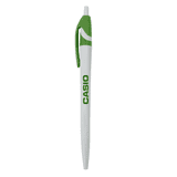 A plastic pen in white and green with a clip and a branding logo on the barrel.