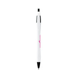 A curved pen in white with black accents and a branding logo.
