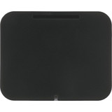 A black wireless charging phone stand with a sleek, minimalist design and a transparent base.