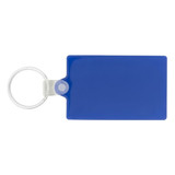 A blue rectangular keychain with a silver keyring attachment and a transparent connector.