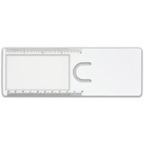 A clear plastic magnifier ruler with a rectangular body and metric measurements. It features a circular cut-out.