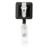 A black rectangle badge holder with a silver clip and a clear retractable strap.