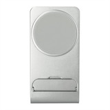 A silver wireless charging stand with a circular charging pad and a sleek, minimalist design. Includes a logo.