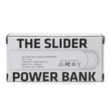 A power bank packaging in white with accents, featuring a logo and product details, designed for mobile devices.