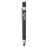 A metal pen with a matte black finish and chrome accents, featuring a logo on the side.