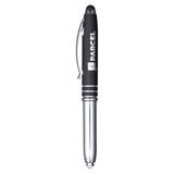A stylus pen with a black barrel and chrome accents, featuring a clip and branding.