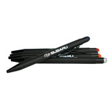 A set of stylus pens in various colours, featuring a logo, arranged in a pile on a white background.