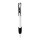 A plastic pen in white with a black grip and clip, featuring a logo on the side.