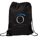 A black drawstring bag featuring a logo and a cinched closure at the top.