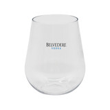 A stemless, shatterproof wine glass in clear plastic, featuring a logo.