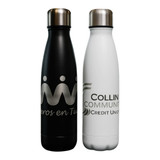 A drink bottle set featuring a black and a white 500ml design, each with a stainless steel cap and branding.