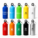 A drink bottle collection featuring various colours: blue, yellow, green, white, and stainless steel, each with a logo and a keyring.