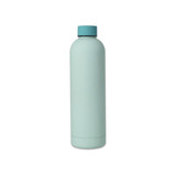 A drink bottle with a turquoise body and matching cap, featuring a logo on the side.