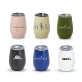 A set of six plastic tumblers in various colours: pink, olive green, black, blue, and white, each with a lid and logo.