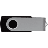 A black and silver USB flash drive, featuring a rotating mechanism and a keyring attachment.
