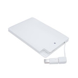 A white power bank with a slim design and a built-in USB cable for charging devices. It has a branding logo.