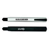 A silver and black slimline retractable box cutter featuring a logo on each side.