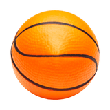 An orange squeeze basketball with black lines, designed as a stress ball. It has a textured surface.