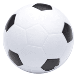 A white stress ball in the shape of a soccer ball, featuring black pentagon patches.