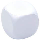 A white, squishy cube with rounded edges, featuring a logo. Ideal for stress relief and fun.
