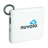 A white power bank with a ring attachment, featuring a logo on one side.