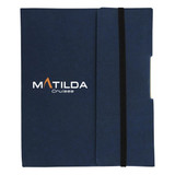 A navy blue Small Tuck Journal Book with an elastic closure and a logo on the cover.