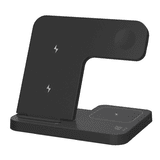 A black 3-in-1 foldable wireless charger with multiple charging zones and a logo.