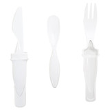 A plastic cutlery set featuring a white knife, fork, and spoon, with an integrated handle design.