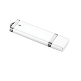 A white USB flash drive with a sleek design and metallic accents. It features a branding logo.
