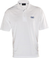 A white polo shirt featuring a logo on the chest, designed for men.