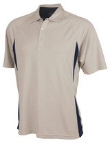 A beige and navy polo shirt with a collar and short sleeves, featuring a logo on the chest.