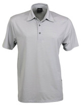 A light grey polo shirt featuring a three-button placket and a logo on the collar.