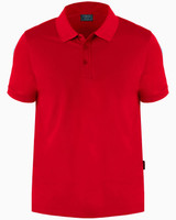 A red polo shirt with a classic collar and button placket, featuring a logo on the side.