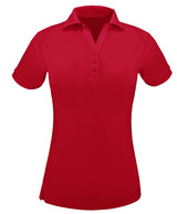 A red ladies' polo shirt featuring a collared neck and a button placket. Includes short sleeves and a subtle branding logo.
