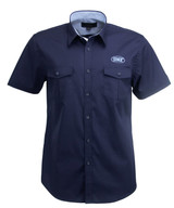 A navy short-sleeve men's shirt with two chest pockets and a logo on the front.
