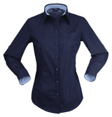 A navy blue ladies' button-up shirt with long sleeves and a chest pocket, featuring contrasting cuffs and a logo.