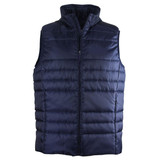 A navy blue puffer jacket featuring a high collar and a front zipper. It has a logo on the chest area.