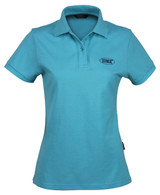A light blue ladies' polo shirt with a collar and a logo on the chest.