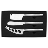 A stainless steel cheese knife set featuring three different knives in a black presentation box.