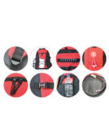 A red and black backpack featuring pockets, zippers, a water bottle, and headphone access. It has branding on the exterior.